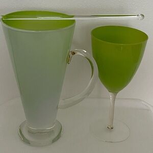 Frosted Green Cocktail Pitcher with Wine Cocktail Glass and Glass Stir Stick